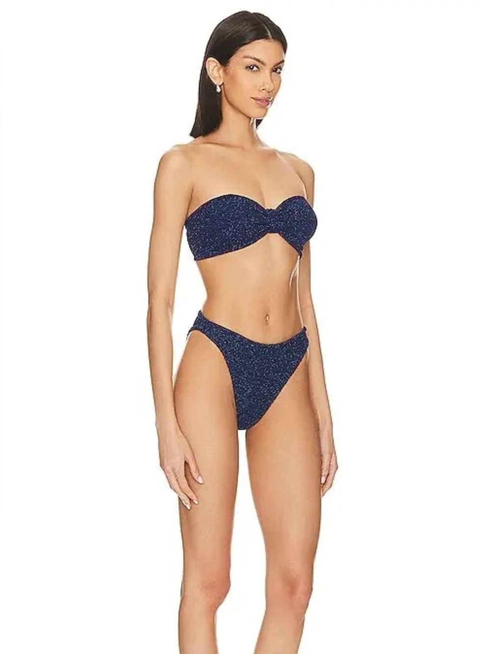 Hunza G Bikini Set Navy Blue Silver Lurex Jean Ruby Crinkle Strapless Bandeau